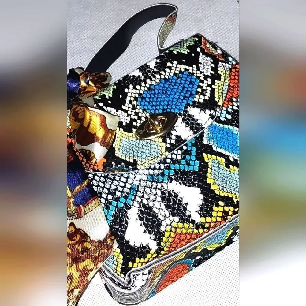 Women's Mini Snakeskin Embossed Handbag, Twilly Scarf Decor Flap Square Purse